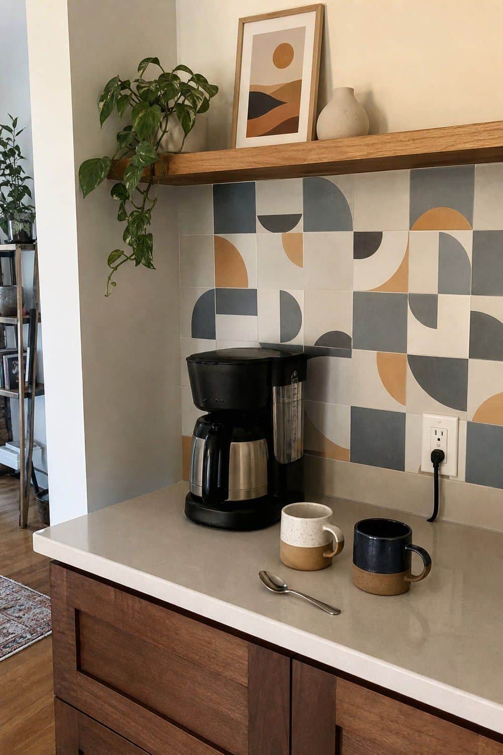 8. Geometric Tile in One Controlled Area in a casual mid-century modern kitchen with realistic retro warmth and everyday home details