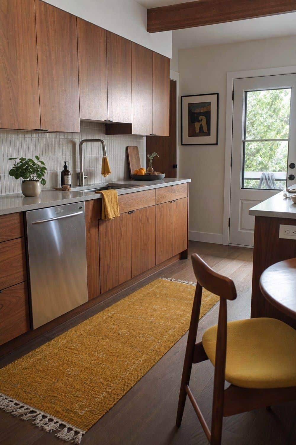 12. Mustard or Ochre as a Secondary Accent in a casual mid-century modern kitchen with realistic retro warmth and everyday home details