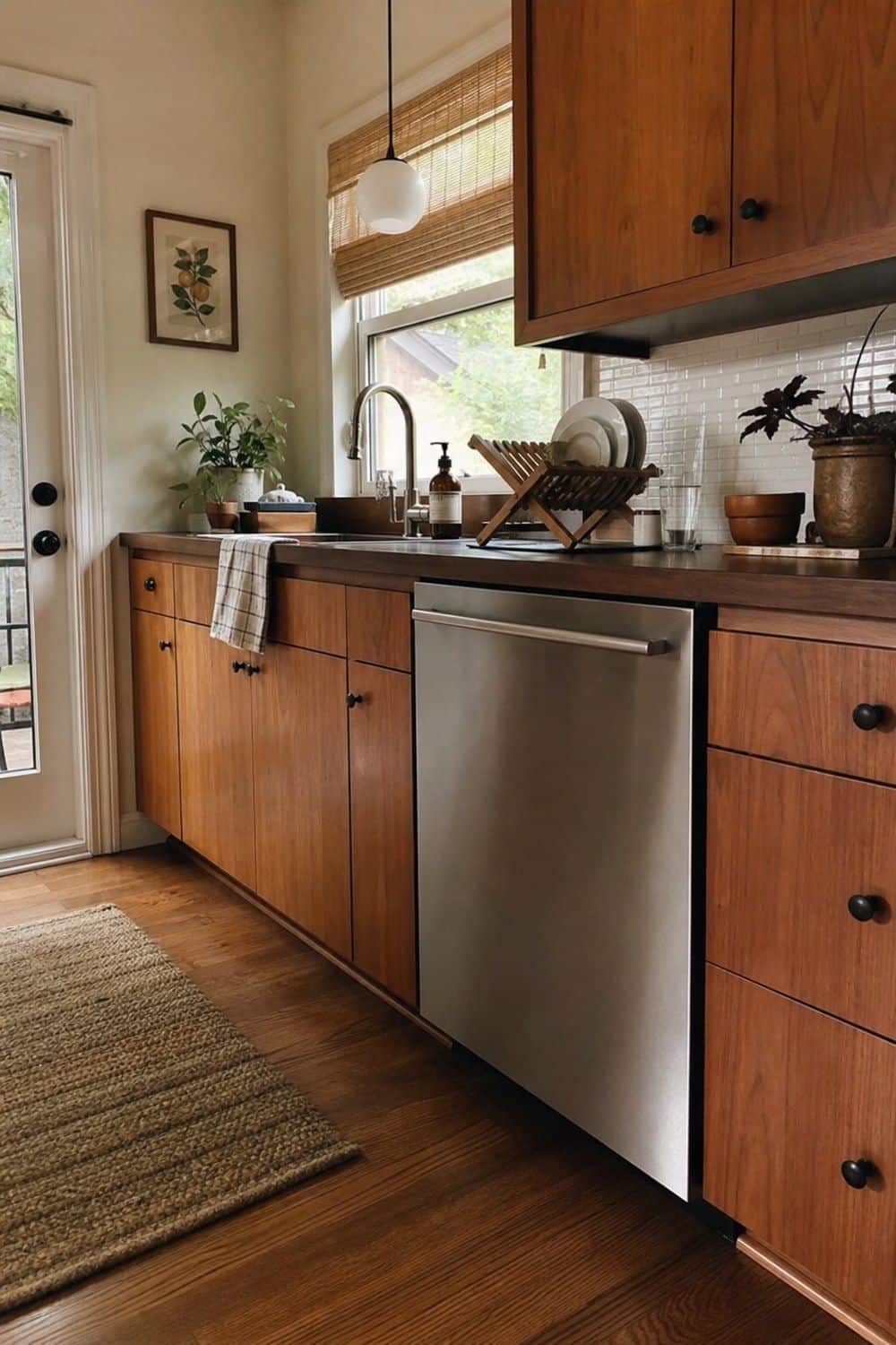 18. Modern Appliances That Stay Visually Quiet in a casual mid-century modern kitchen with realistic retro warmth and everyday home details
