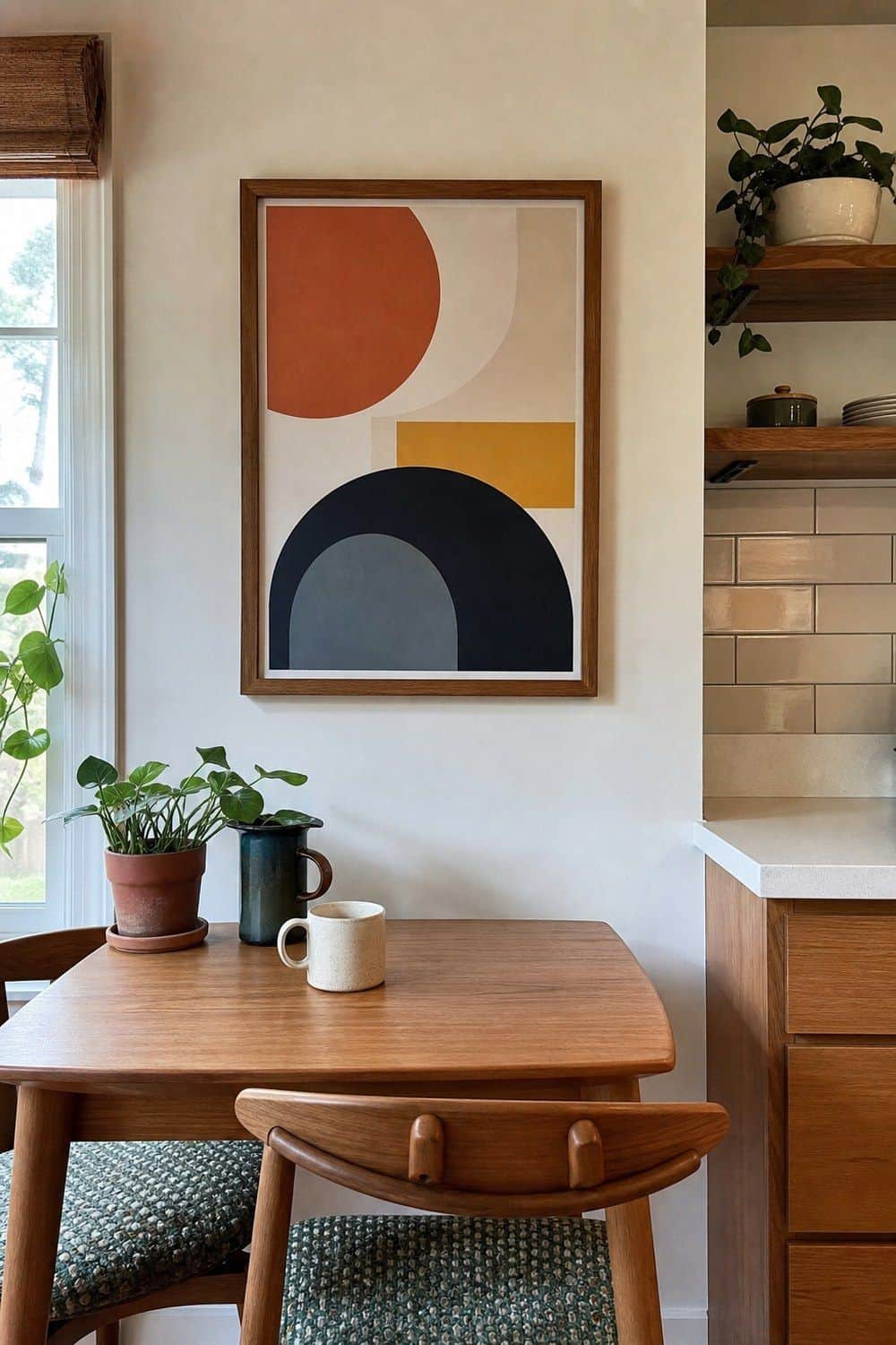 20. Graphic Wall Art as One Strong Accent in a casual mid-century modern kitchen with realistic retro warmth and everyday home details
