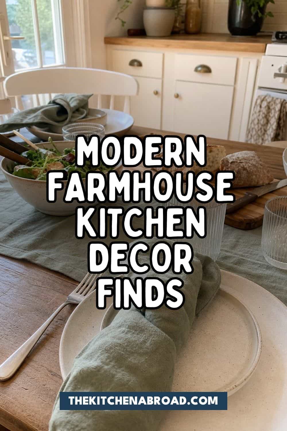 Modern farmhouse kitchen decor finds with bold centered title text over a realistic casual kitchen photo