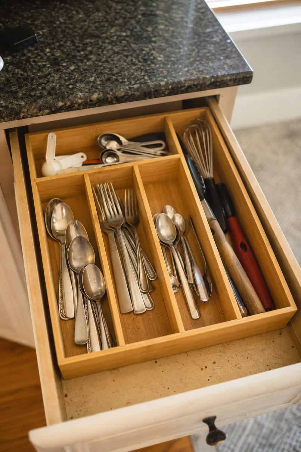 25 Best Natural Wood Kitchen Decor Finds Bamboo Drawer Organizer for Natural Hidden Order in a natural wood kitchen decor setup