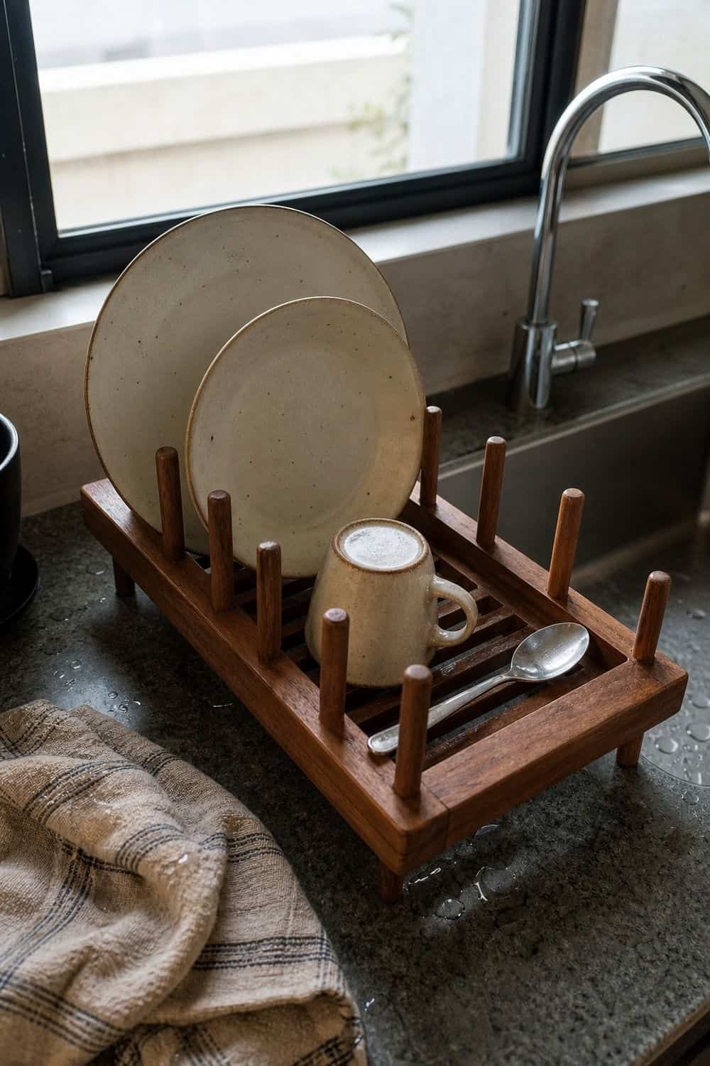 25 Best Natural Wood Kitchen Decor Finds Teak Dish Rack for the Sink Zone in a natural wood kitchen decor setup