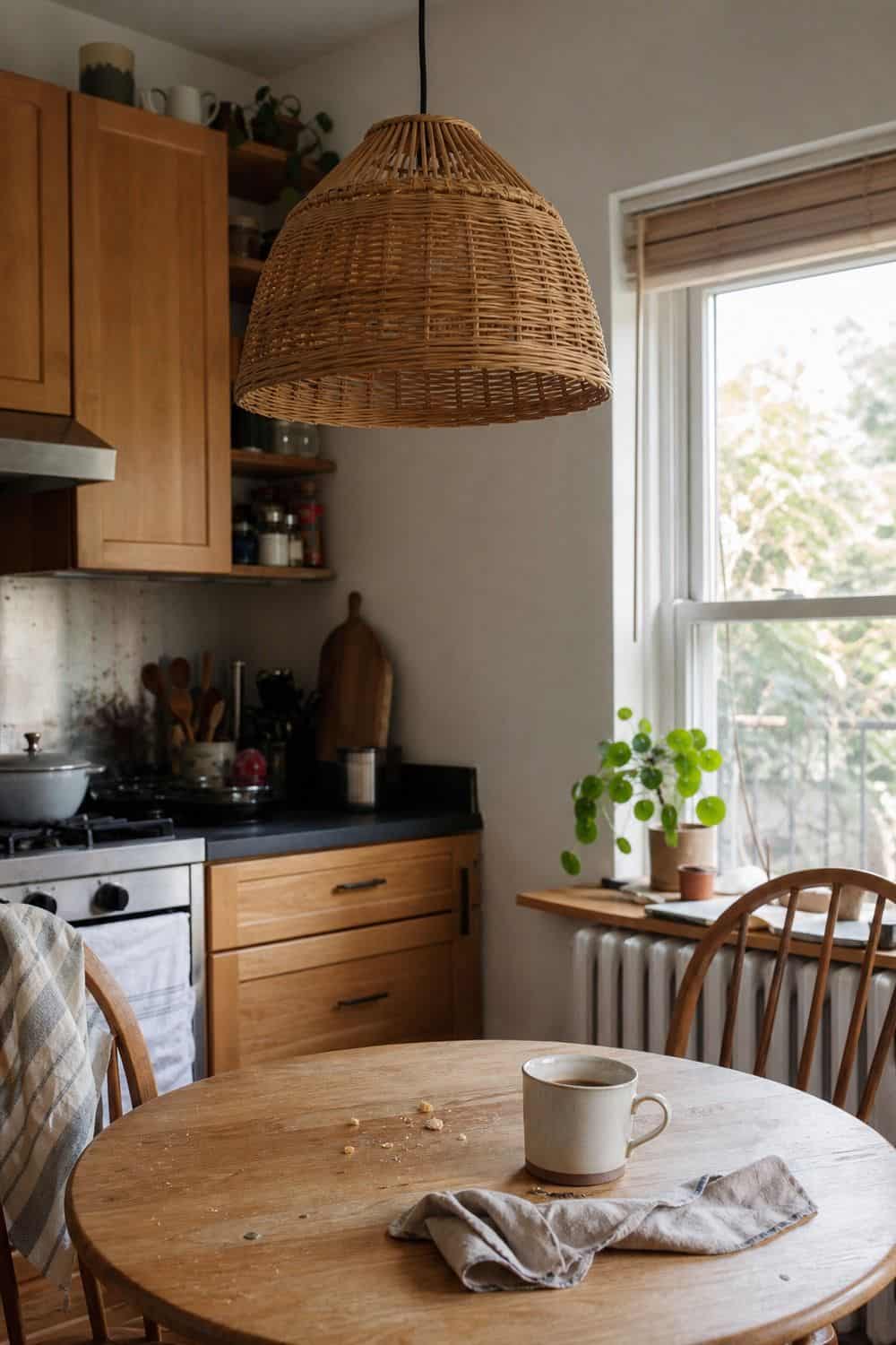 25 Best Natural Wood Kitchen Decor Finds Rattan Pendant Light for Soft Wood-Tone Texture in a natural wood kitchen decor setup