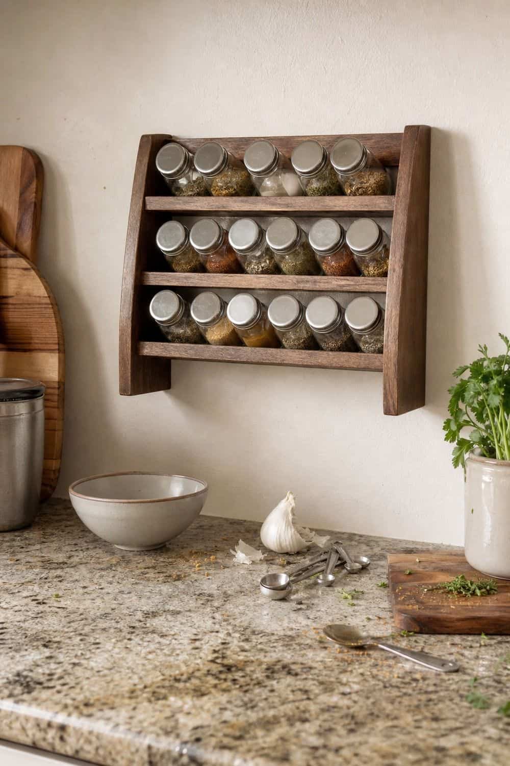 25 Best Natural Wood Kitchen Decor Finds Spice Rack for Wall or Counter Storage in a natural wood kitchen decor setup