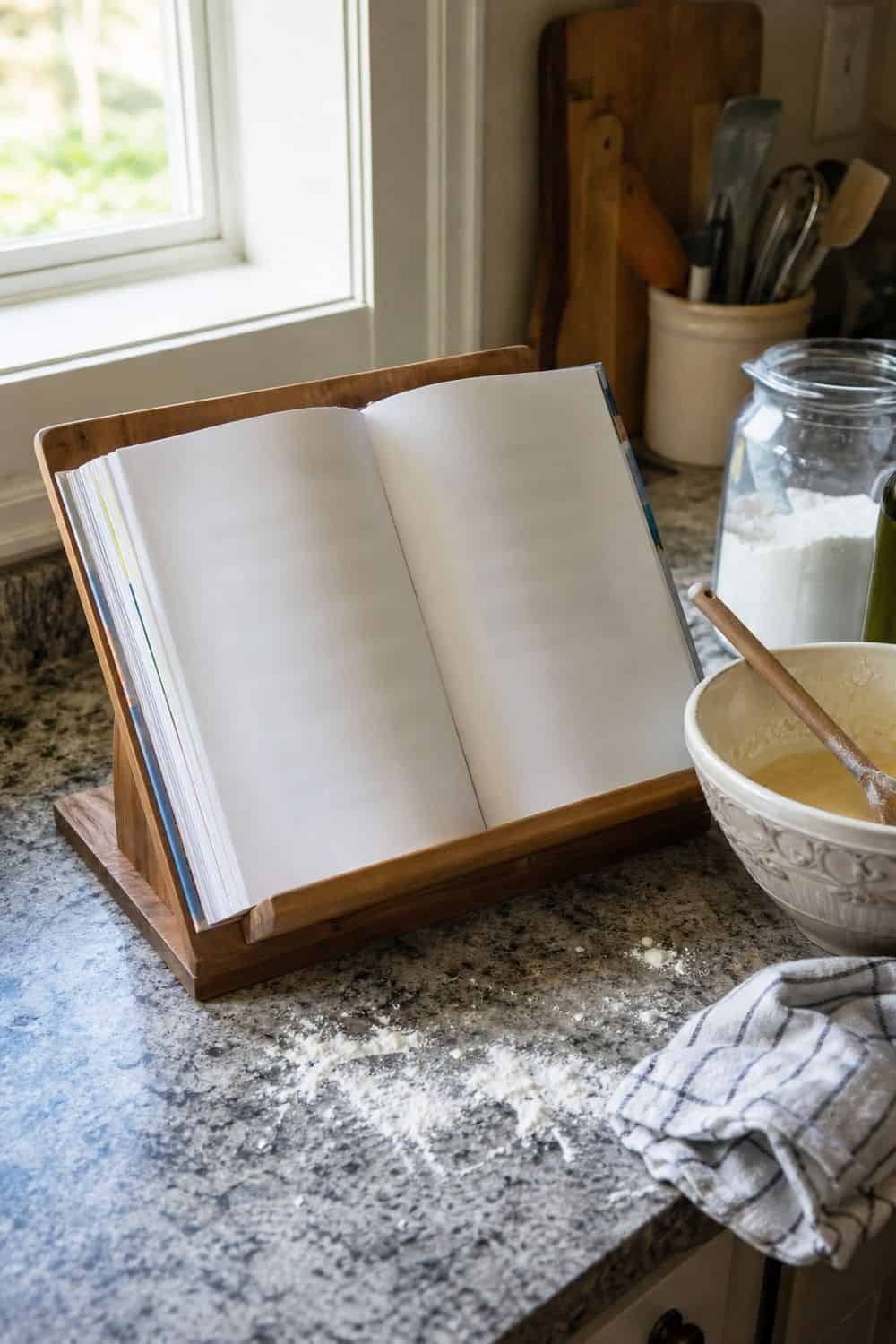 25 Best Natural Wood Kitchen Decor Finds Cookbook Stand for Recipe Prep in a natural wood kitchen decor setup