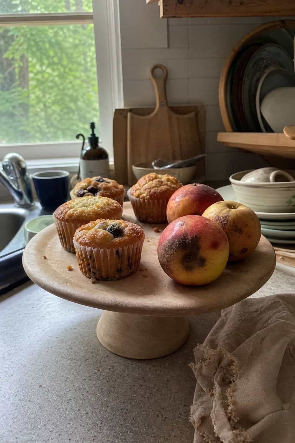 25 Best Natural Wood Kitchen Decor Finds Cake Stand for Bakes and Fruit in a natural wood kitchen decor setup