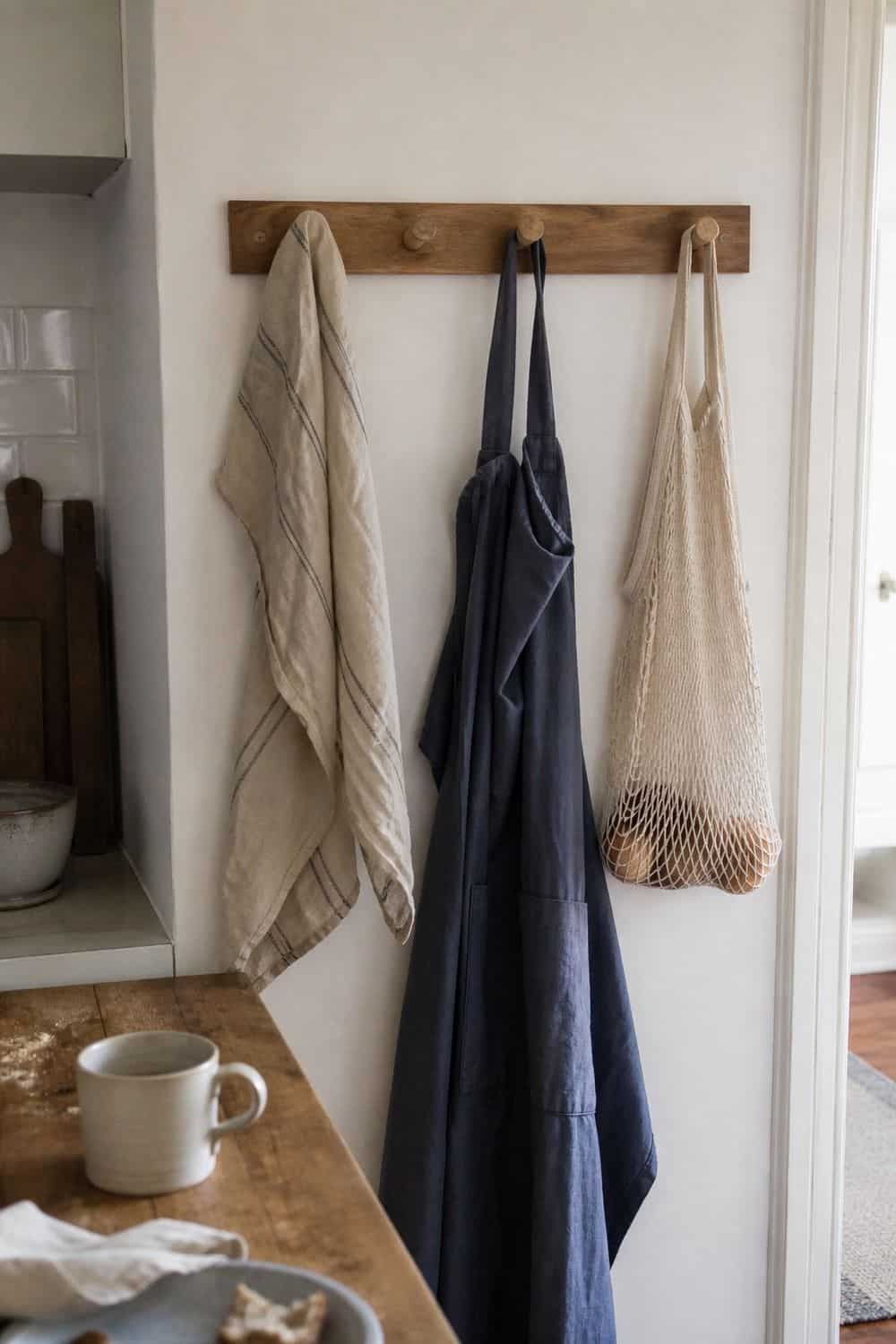 25 Best Natural Wood Kitchen Decor Finds Wall Peg Rail for Towels and Aprons in a natural wood kitchen decor setup