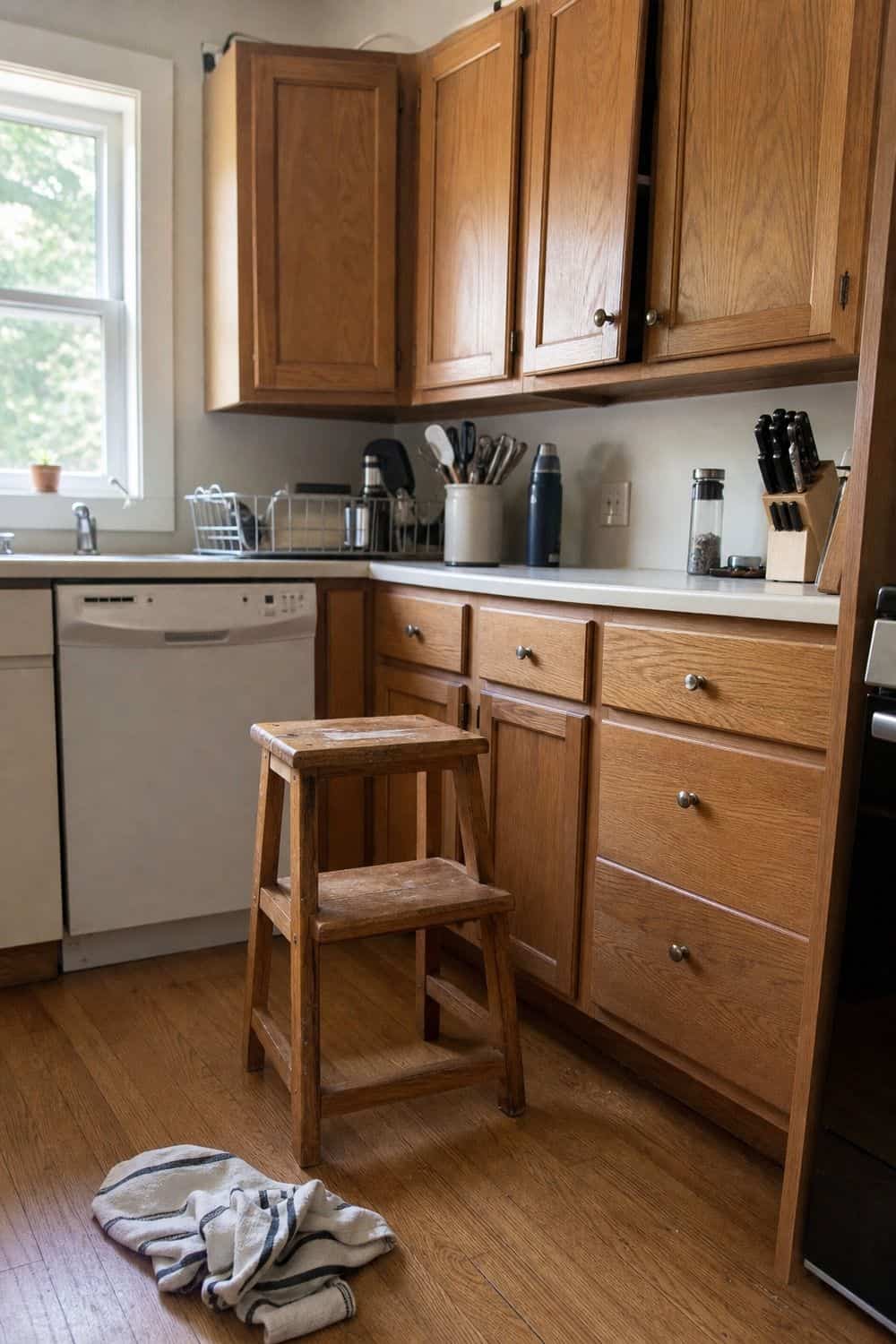 25 Best Natural Wood Kitchen Decor Finds Step Stool for Upper Cabinet Reach in a natural wood kitchen decor setup