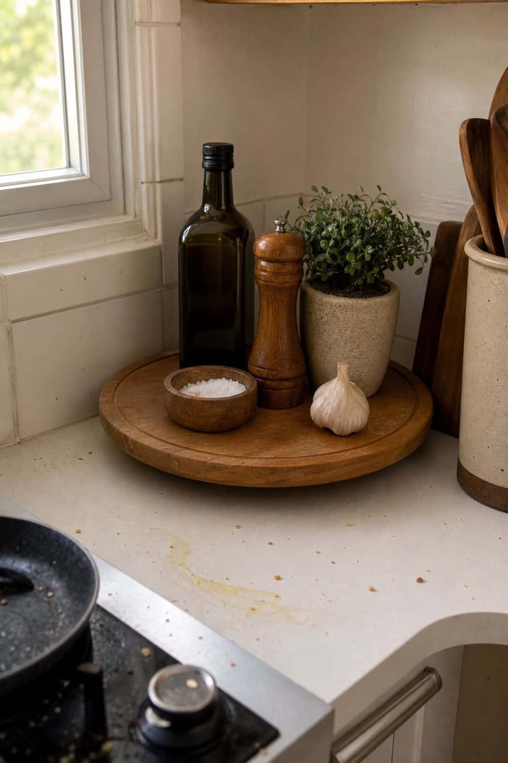25 Best Natural Wood Kitchen Decor Finds Lazy Susan for Corner Counters in a natural wood kitchen decor setup