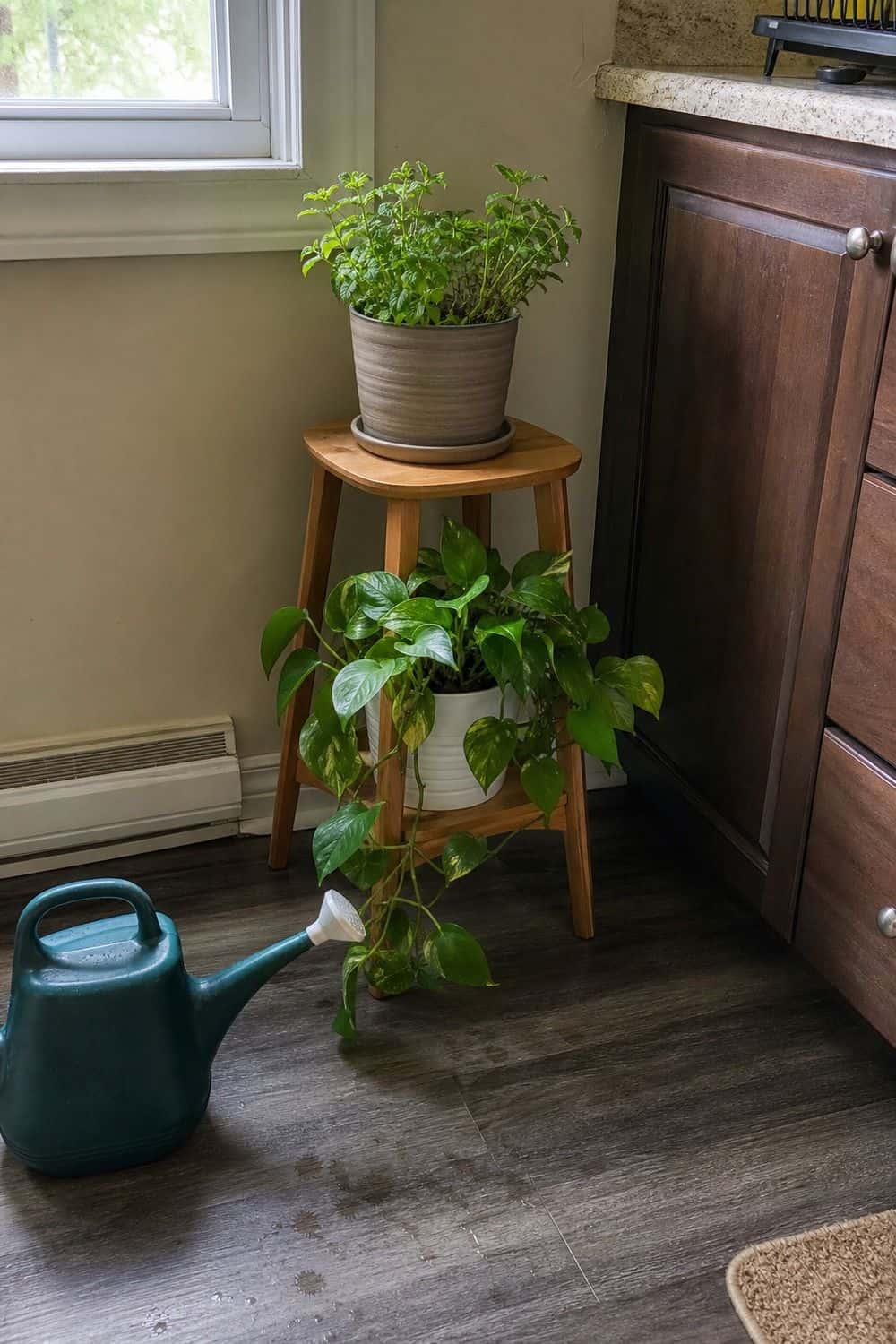 25 Best Natural Wood Kitchen Decor Finds Plant Stand for Kitchen Greenery in a natural wood kitchen decor setup