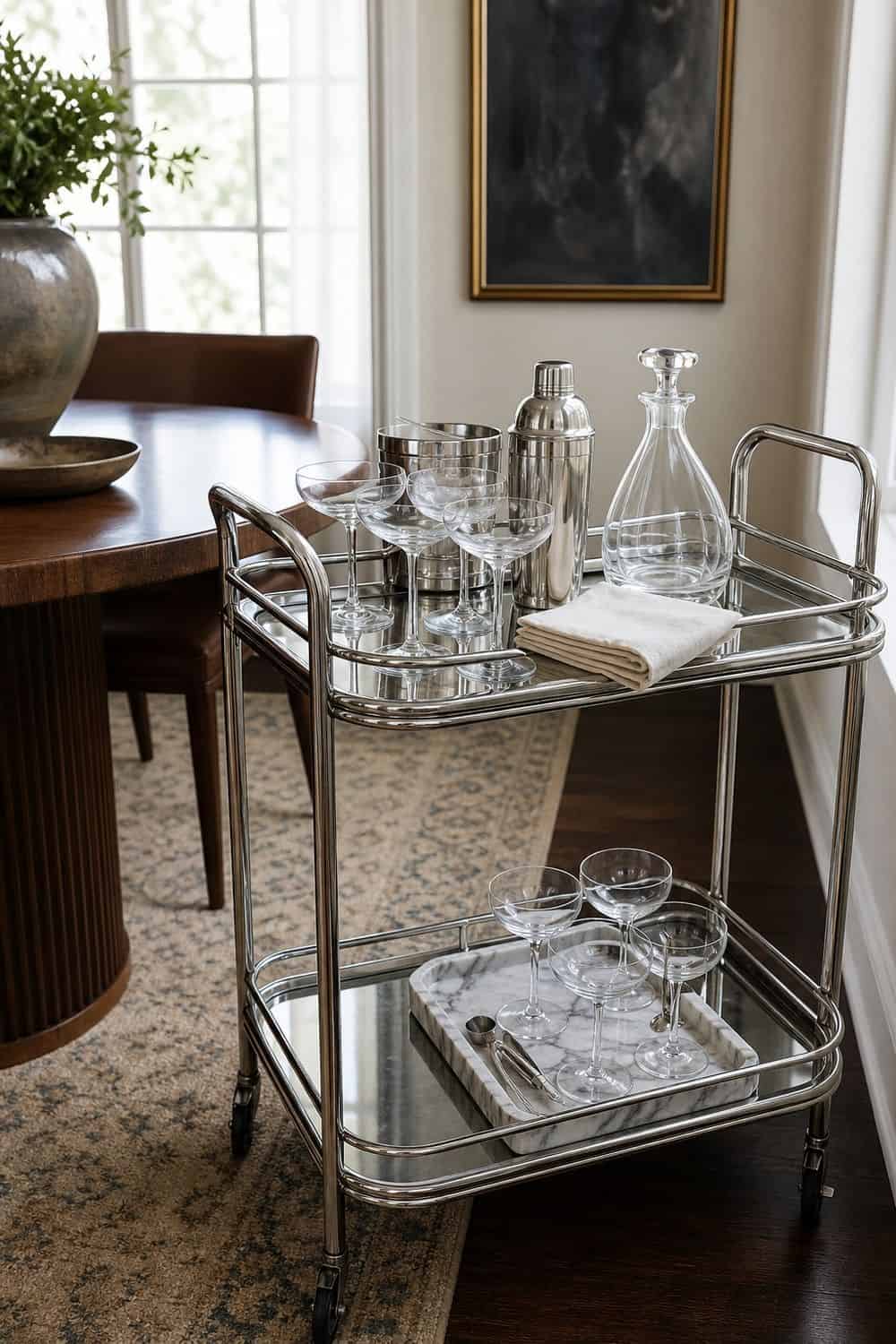 25 Neo Deco Bar Cart Ideas for Easy Hosting Chrome or Brass Cart With Rails on a casual neo deco bar cart for easy hosting
