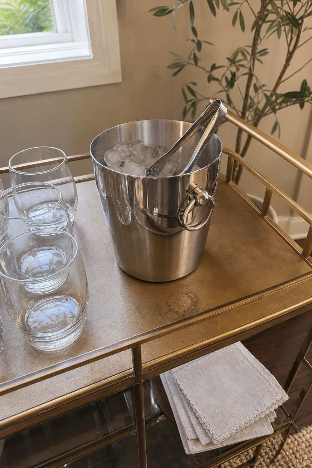 25 Neo Deco Bar Cart Ideas for Easy Hosting Ice Bucket With Tongs on a casual neo deco bar cart for easy hosting