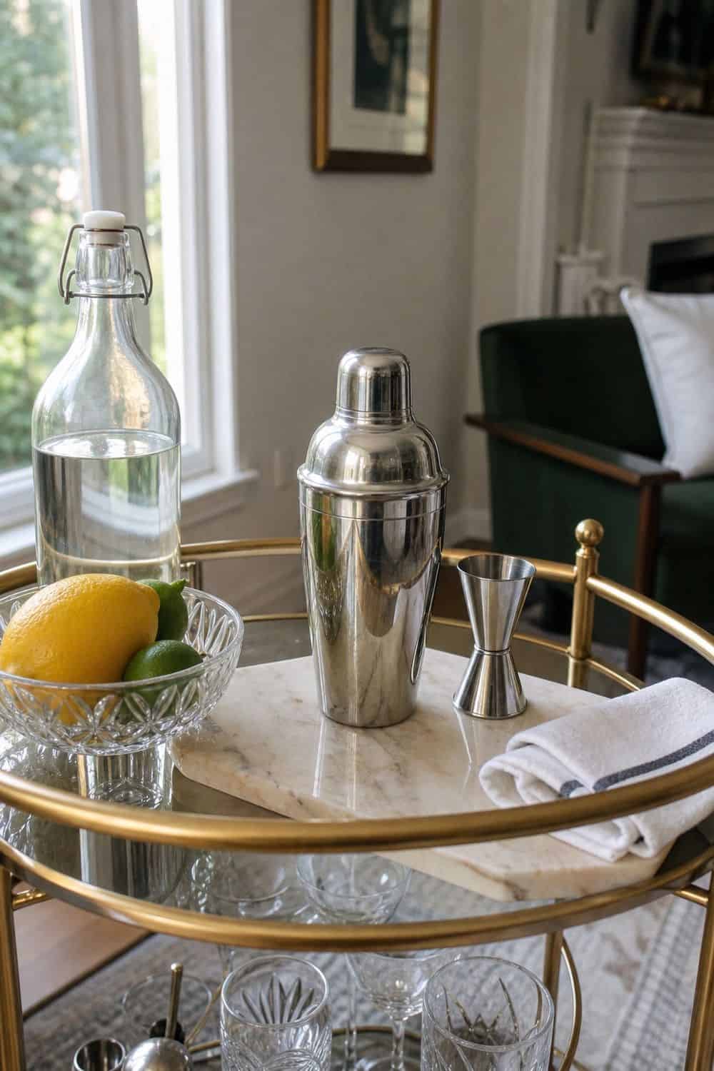 25 Neo Deco Bar Cart Ideas for Easy Hosting Retro Cocktail Shaker for the Cart on a casual neo deco bar cart for easy hosting