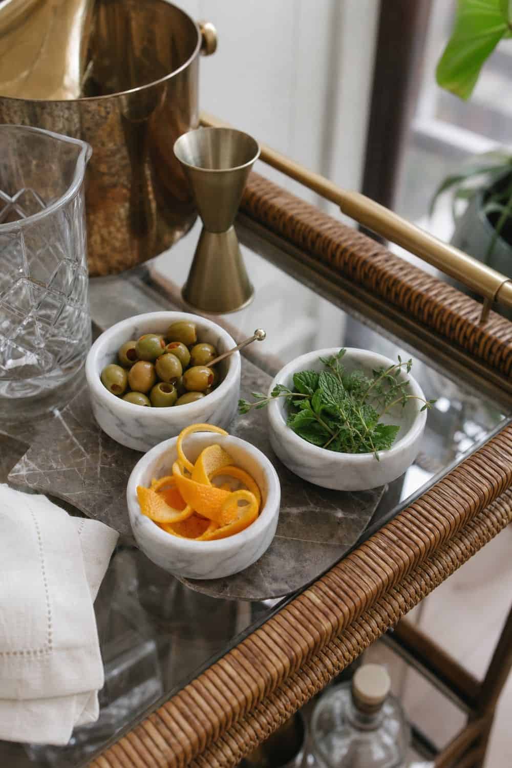 25 Neo Deco Bar Cart Ideas for Easy Hosting Small Bowls for Garnishes on a casual neo deco bar cart for easy hosting