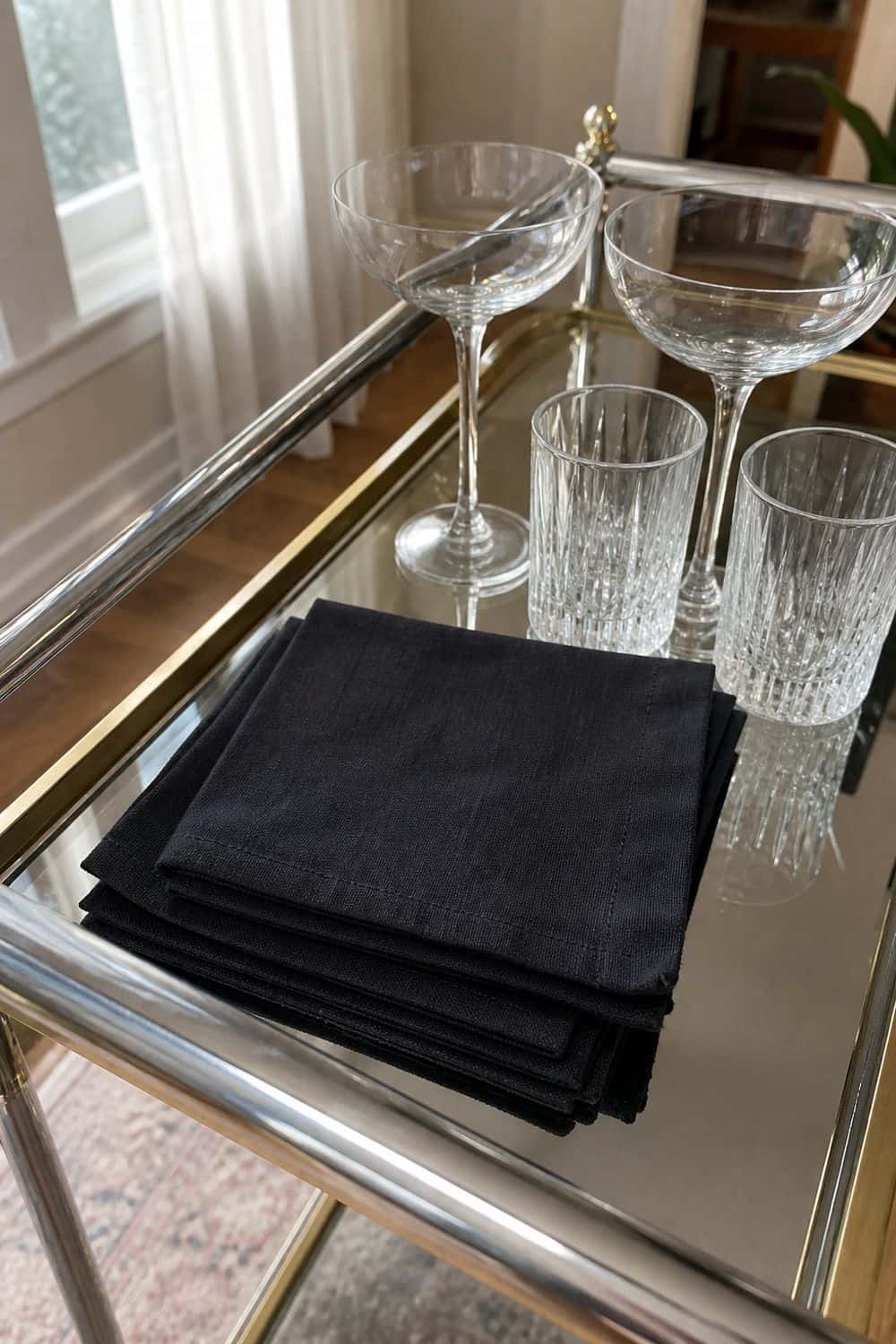 25 Neo Deco Bar Cart Ideas for Easy Hosting Cloth Cocktail Napkins on a casual neo deco bar cart for easy hosting
