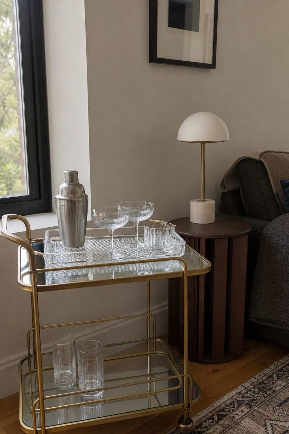 25 Neo Deco Bar Cart Ideas for Easy Hosting Small Lamp Beside the Cart on a casual neo deco bar cart for easy hosting