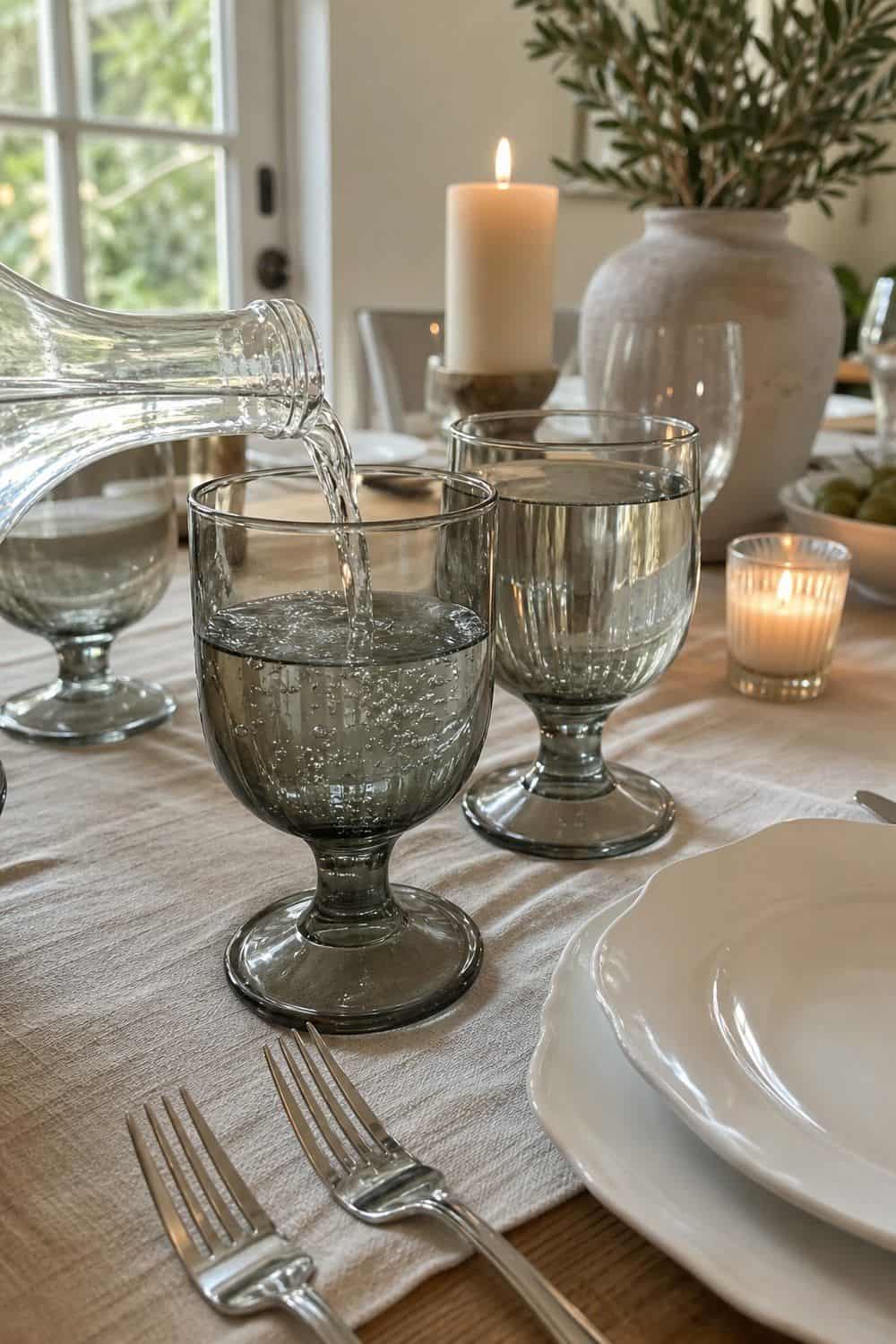 25 Neo Deco Tablescape Ideas for Easy Hosting Smoked Water Goblets for the First Pour in a casual Neo Deco tablescape