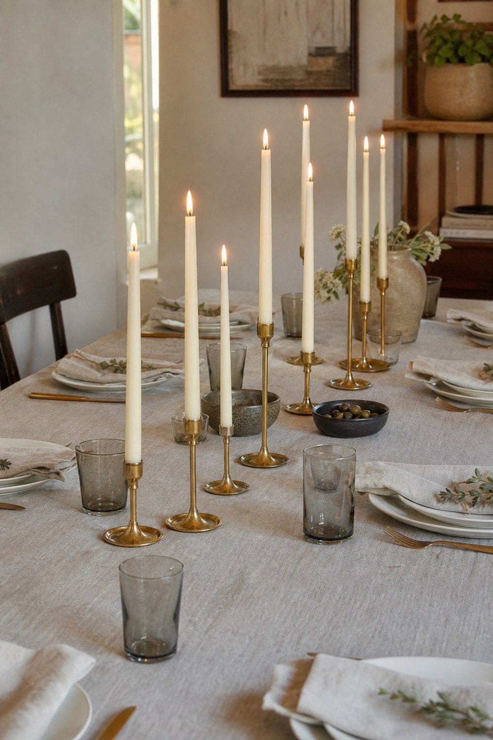 25 Neo Deco Tablescape Ideas for Easy Hosting Brass Tapers in a Low Center Line in a casual Neo Deco tablescape