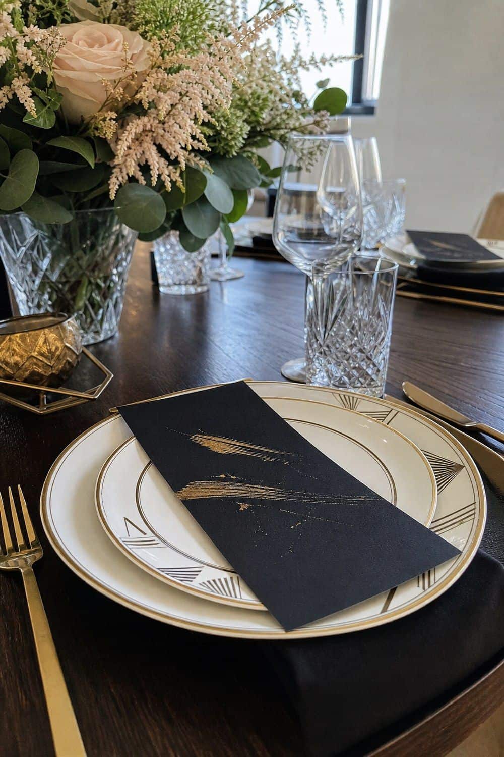 25 Neo Deco Tablescape Ideas for Easy Hosting Black Menu Cards Guests Can Read in a casual Neo Deco tablescape