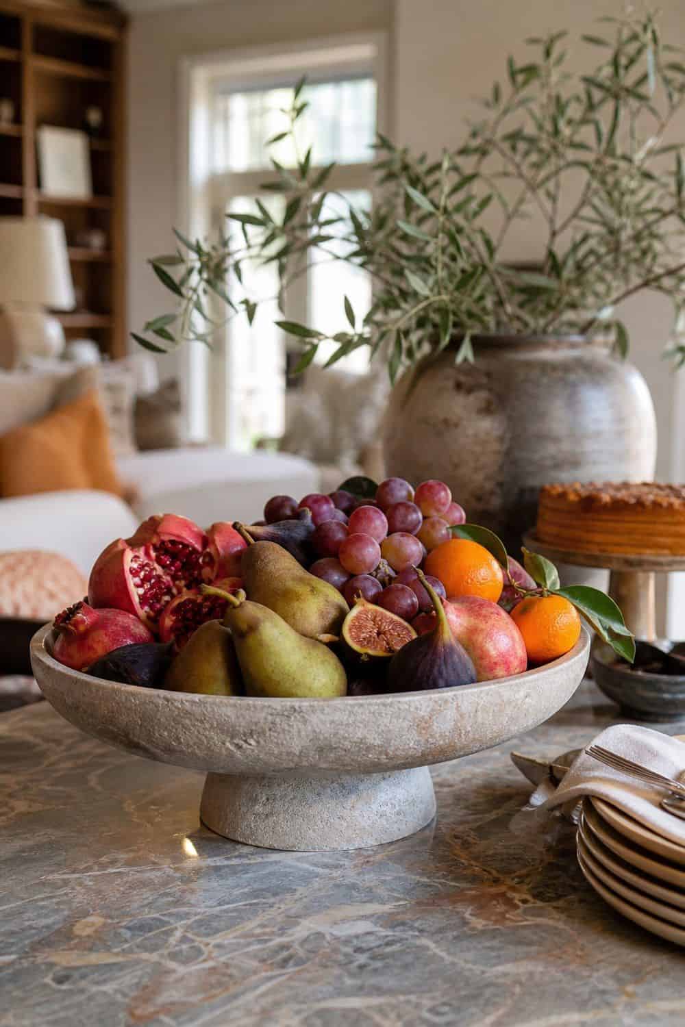 25 Neo Deco Tablescape Ideas for Easy Hosting Stone Fruit Bowl With a Dessert Plan in a casual Neo Deco tablescape