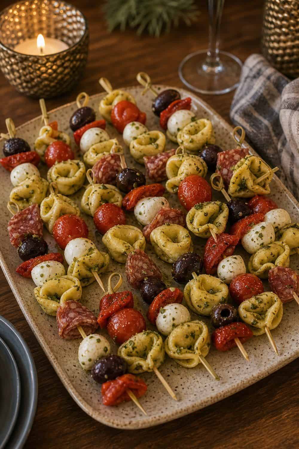 20 New Year's Eve Snack Ideas for Cozy Food Moments One-Bite Pasta Skewers for New Year's Eve snack ideas