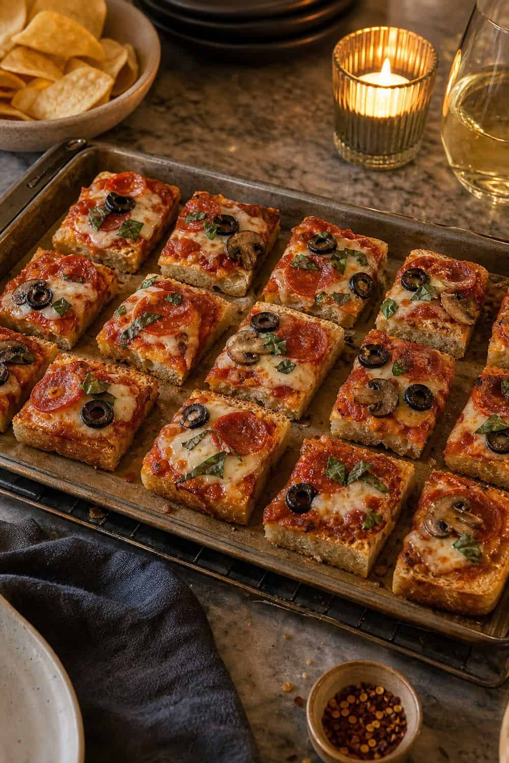 20 New Year's Eve Snack Ideas for Cozy Food Moments Toasted Pizza Squares for New Year's Eve snack ideas
