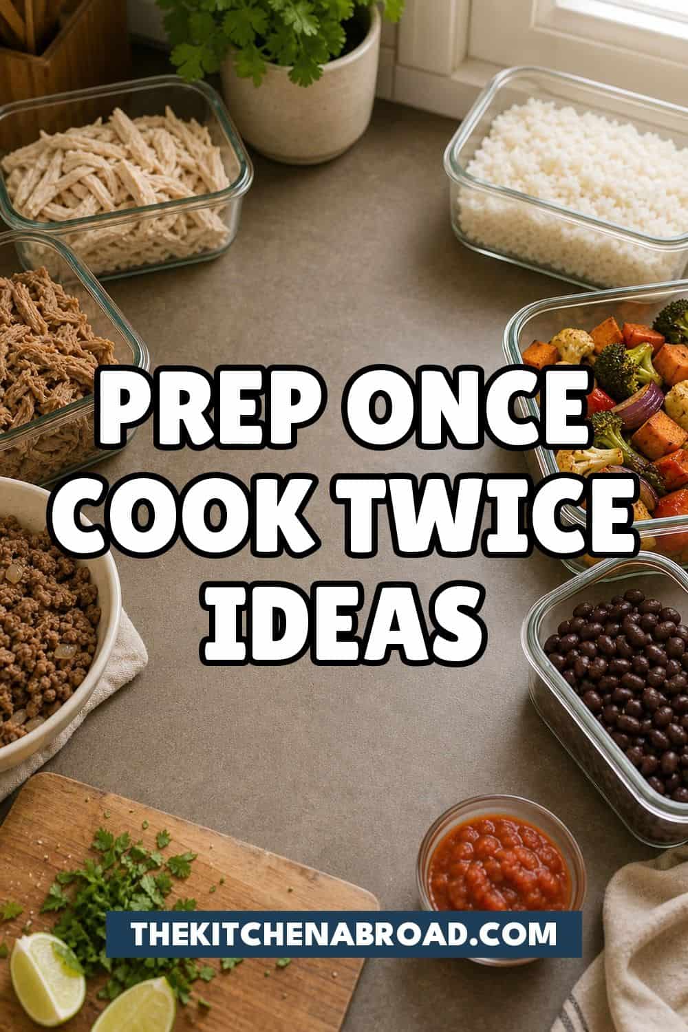 20 Prep Once Cook Twice Ideas That Make Life Easier Prep once cook twice ideas Pinterest pin with realistic meal prep containers