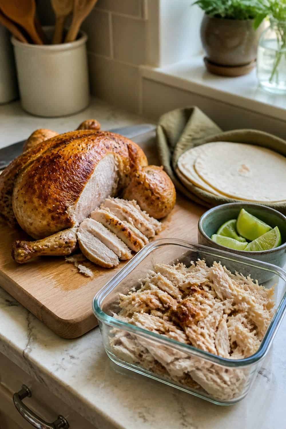 20 Prep Once Cook Twice Ideas That Make Life Easier 1. Roast Chicken for Later Tacos prep once cook twice idea with realistic home kitchen food prep