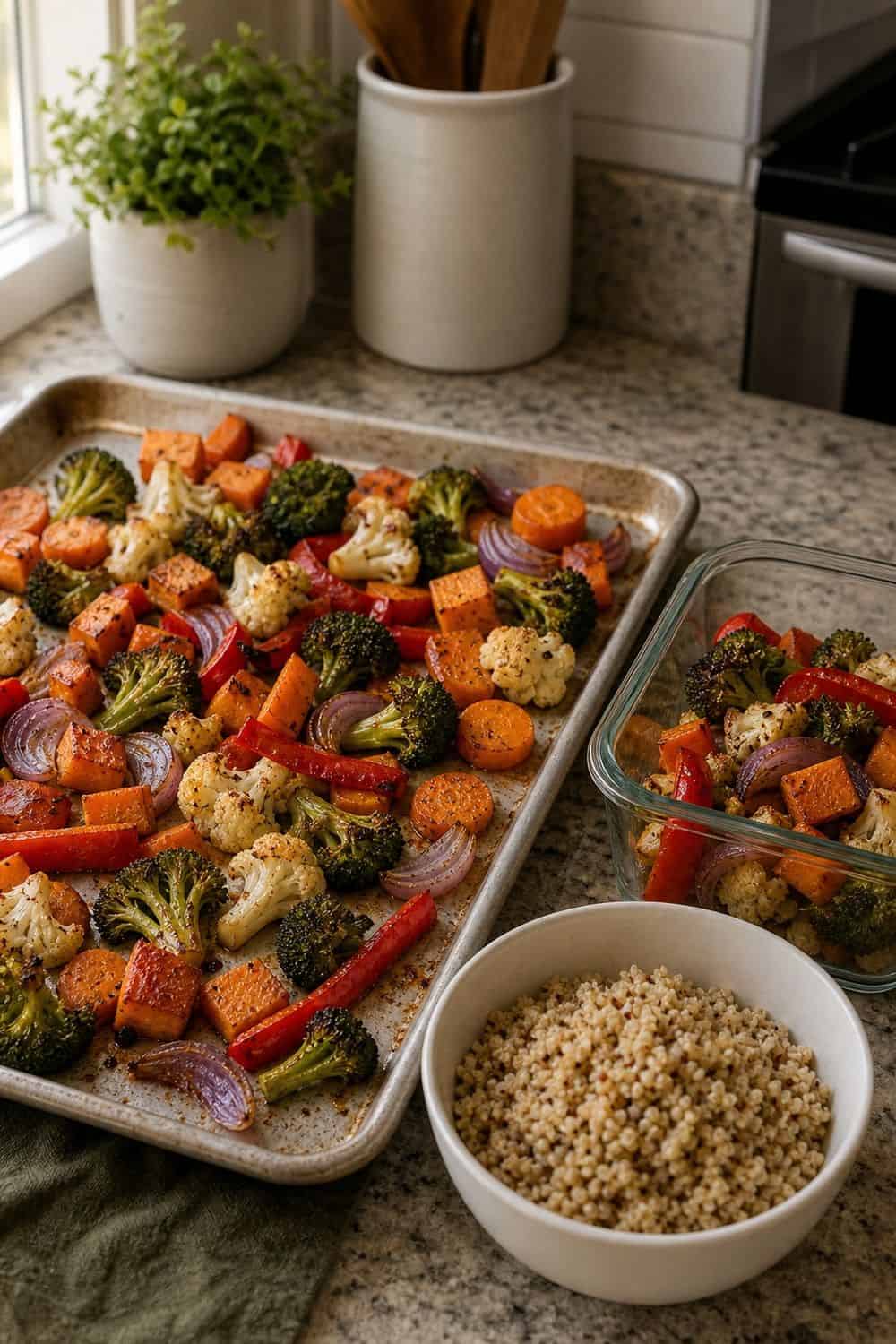 20 Prep Once Cook Twice Ideas That Make Life Easier 3. Roasted Vegetables for Grain Bowls prep once cook twice idea with realistic home kitchen food prep