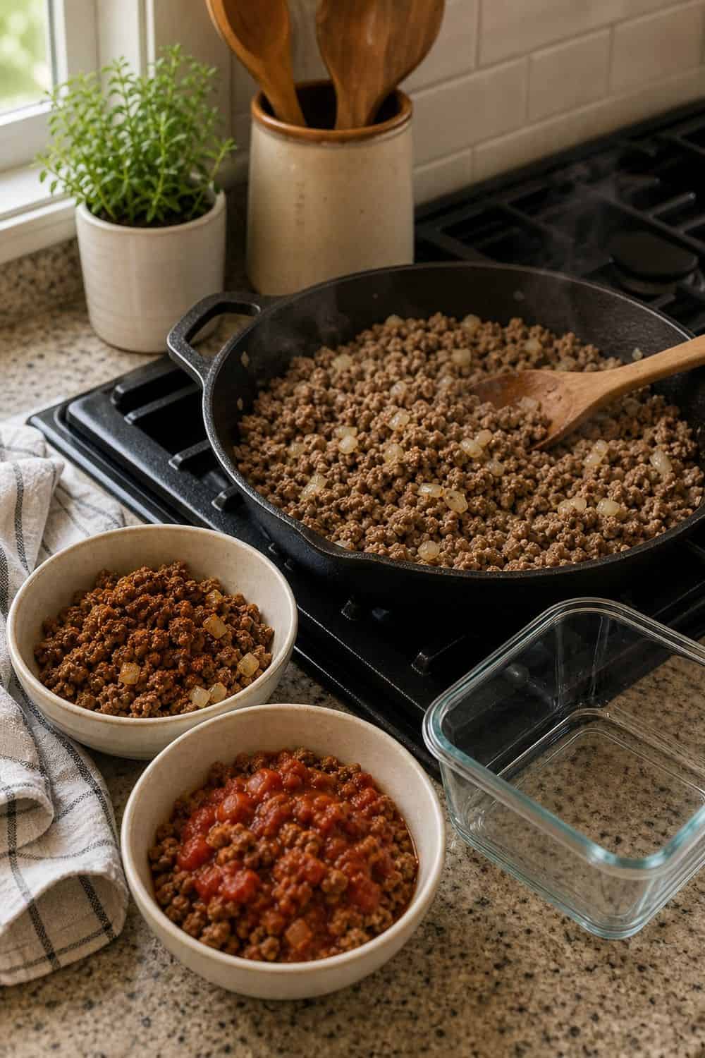 20 Prep Once Cook Twice Ideas That Make Life Easier 4. Ground Meat With Two Flavor Directions prep once cook twice idea with realistic home kitchen food prep