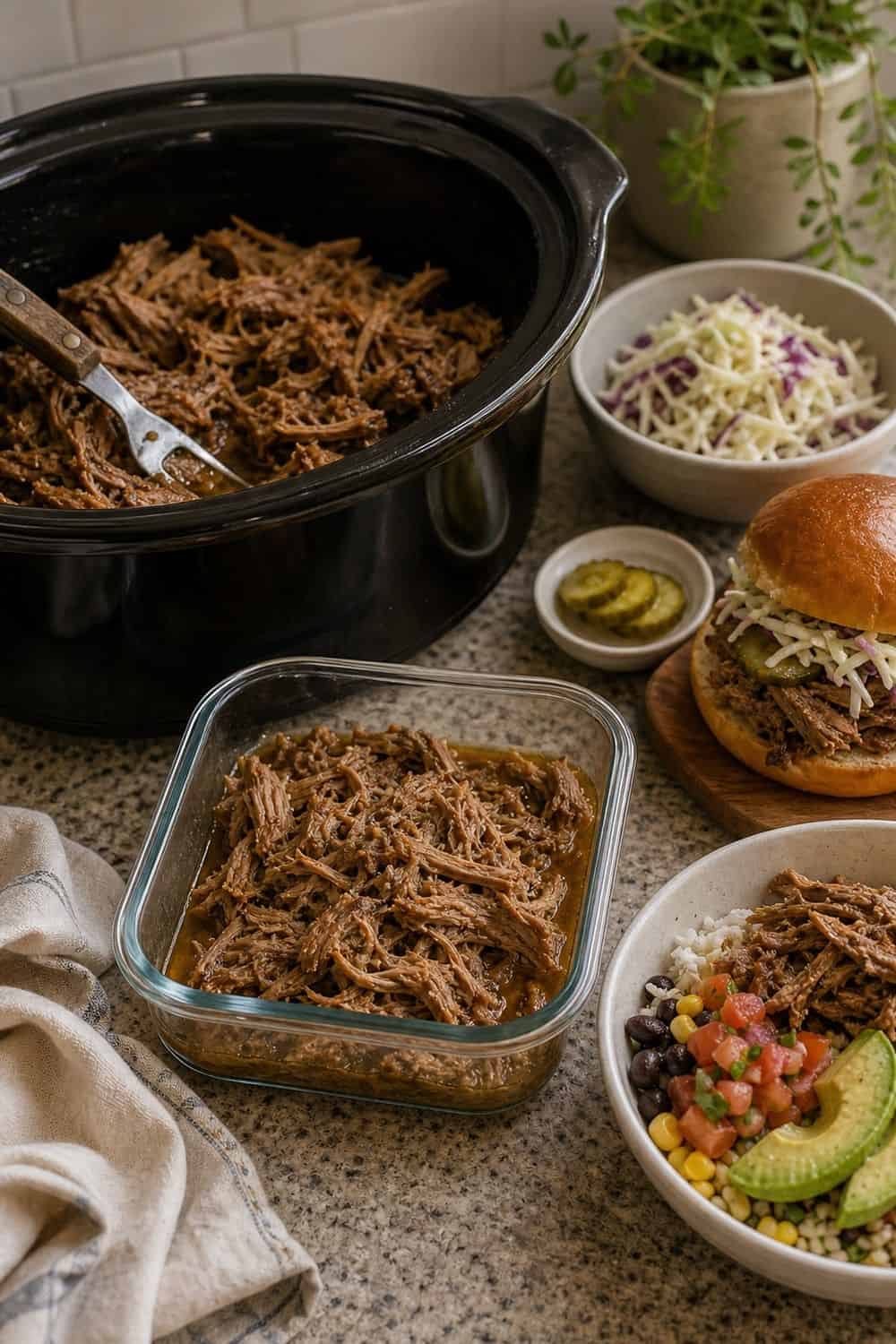 20 Prep Once Cook Twice Ideas That Make Life Easier 6. Pulled Pork for Sandwiches and Bowls prep once cook twice idea with realistic home kitchen food prep