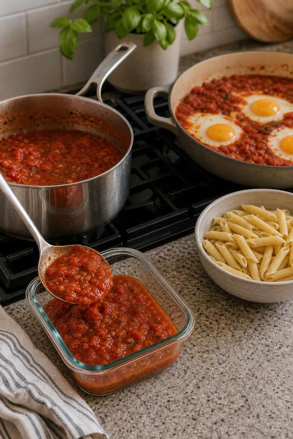 20 Prep Once Cook Twice Ideas That Make Life Easier 7. Tomato Sauce for Pasta and Shakshuka prep once cook twice idea with realistic home kitchen food prep