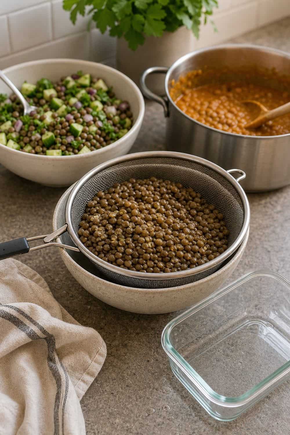 20 Prep Once Cook Twice Ideas That Make Life Easier 9. Lentils for Salad and Curry prep once cook twice idea with realistic home kitchen food prep