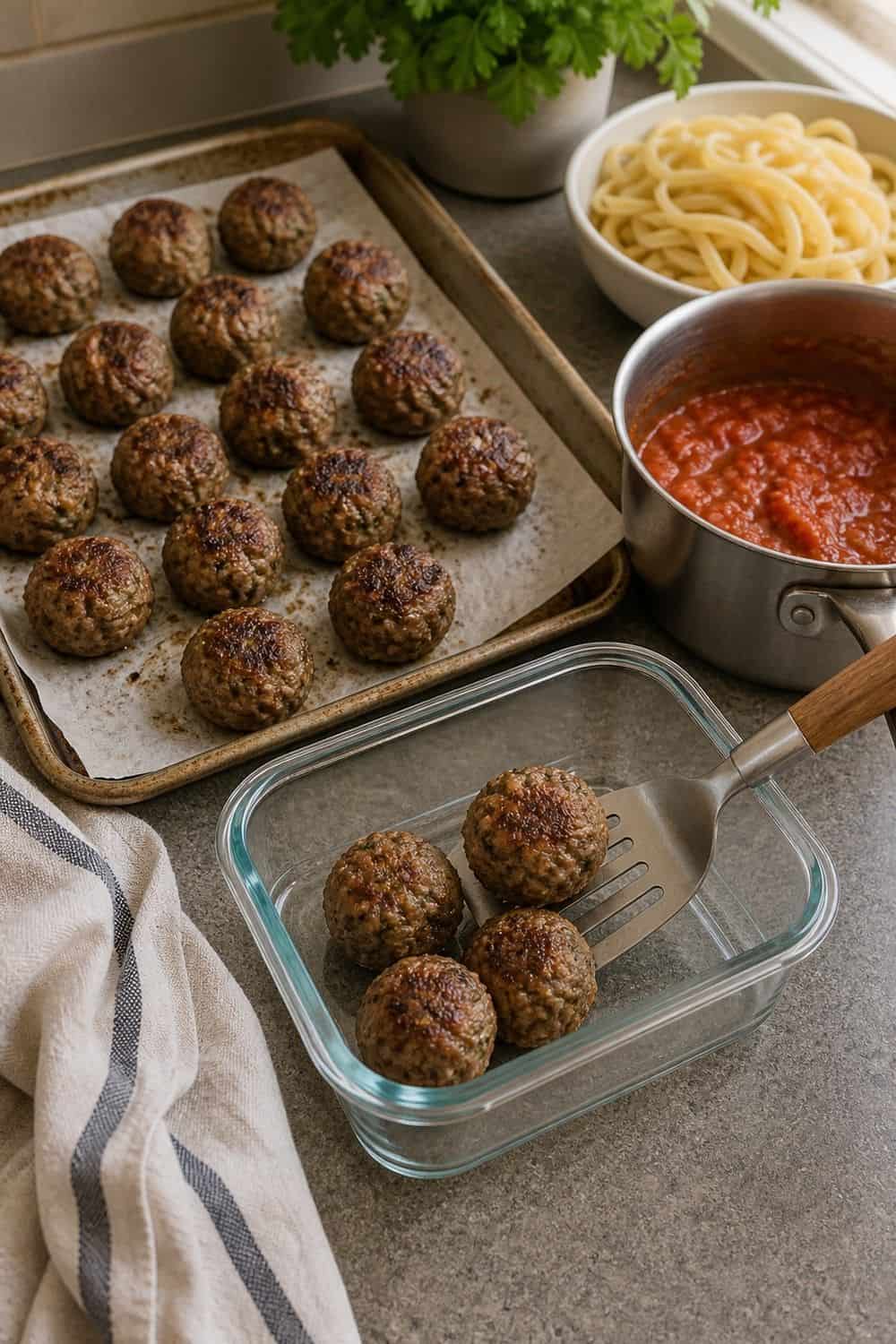 20 Prep Once Cook Twice Ideas That Make Life Easier 11. Meatballs for Pasta and Soup prep once cook twice idea with realistic home kitchen food prep