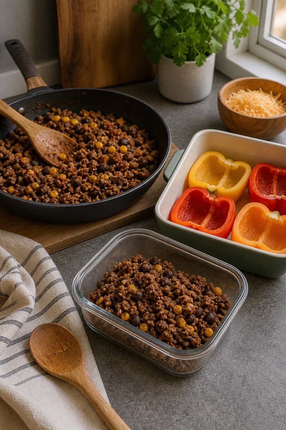 20 Prep Once Cook Twice Ideas That Make Life Easier 13. Taco Filling for Stuffed Peppers prep once cook twice idea with realistic home kitchen food prep