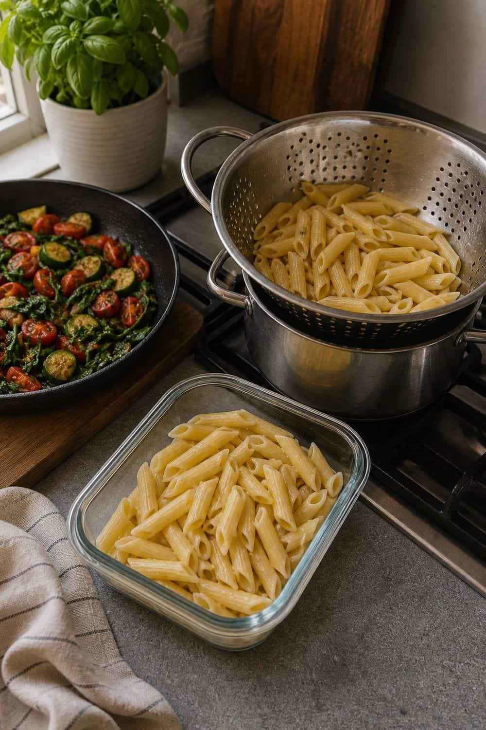 20 Prep Once Cook Twice Ideas That Make Life Easier 14. Plain Pasta for Skillet Pasta Later prep once cook twice idea with realistic home kitchen food prep