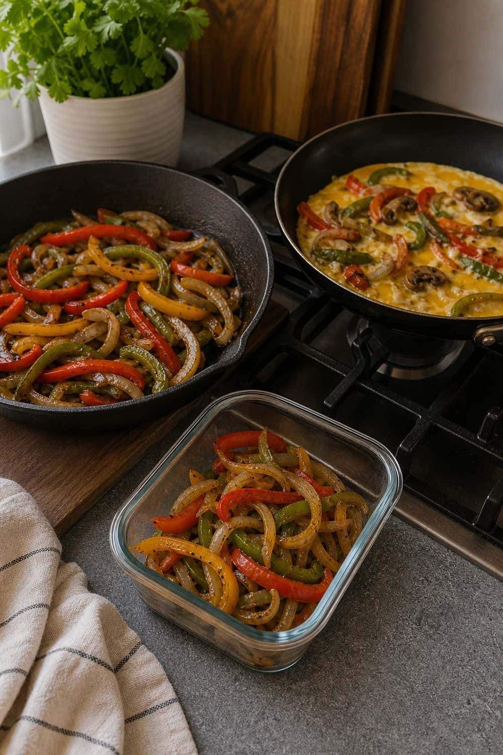 20 Prep Once Cook Twice Ideas That Make Life Easier 16. Fajita Vegetables for Morning Eggs prep once cook twice idea with realistic home kitchen food prep