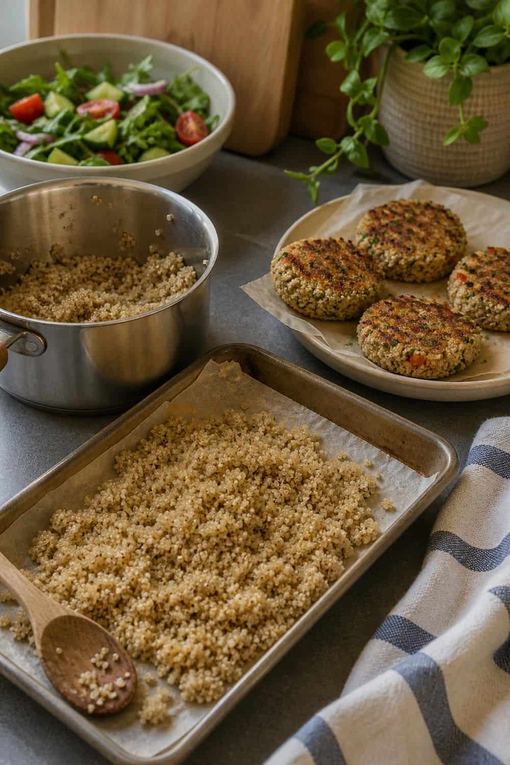 20 Prep Once Cook Twice Ideas That Make Life Easier 17. Quinoa for Salad and Patties prep once cook twice idea with realistic home kitchen food prep