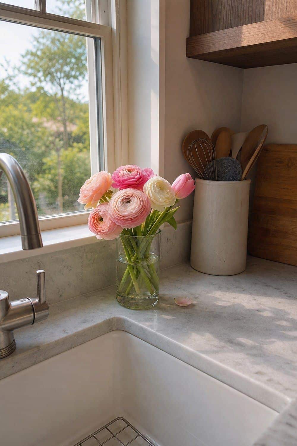 25 Spring Kitchen Decor Ideas for a Lighter Seasonal Refresh spring kitchen decor ideas section 03 sink side tulips or ranunculus