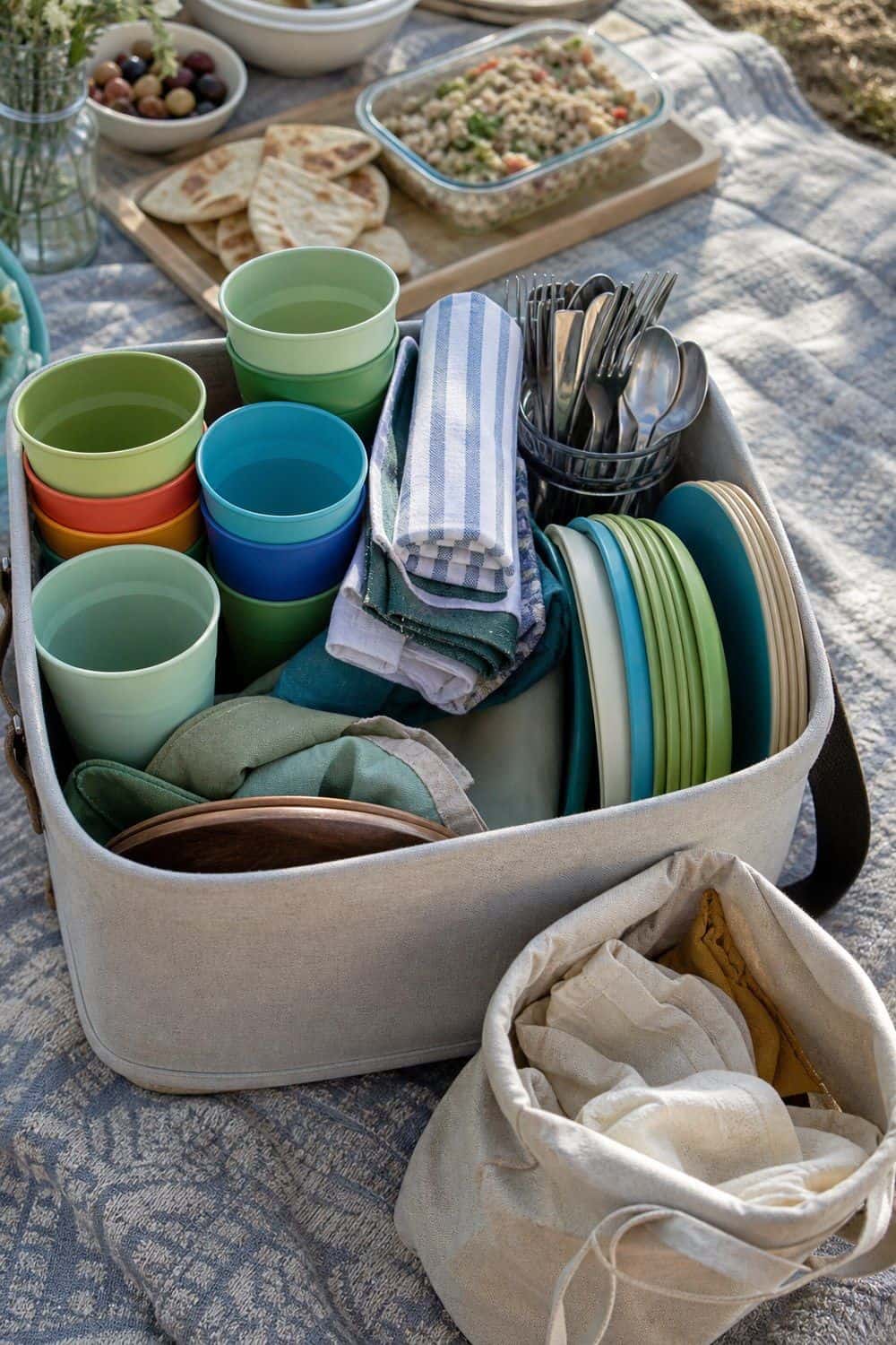 25 Summer Picnic Party Hosting Ideas for Hot-Weather Gatherings 15. Reusable Cups and Napkins in One Bin for a summer picnic party