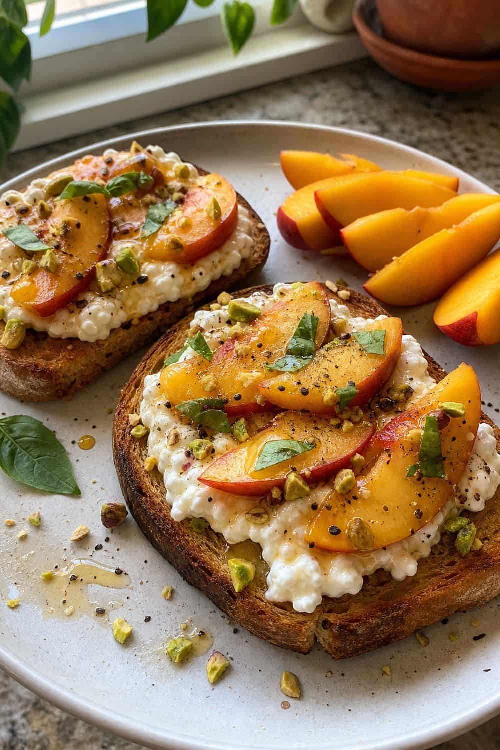20 Summer Snack Plate Ideas for Hot Weather 2. Peach Cottage Cheese Toast Plate summer snack plate