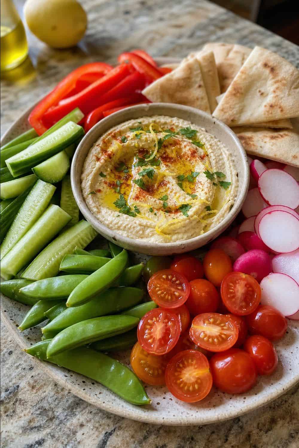 20 Summer Snack Plate Ideas for Hot Weather 3. Hummus and Crunchy Veggie Plate summer snack plate