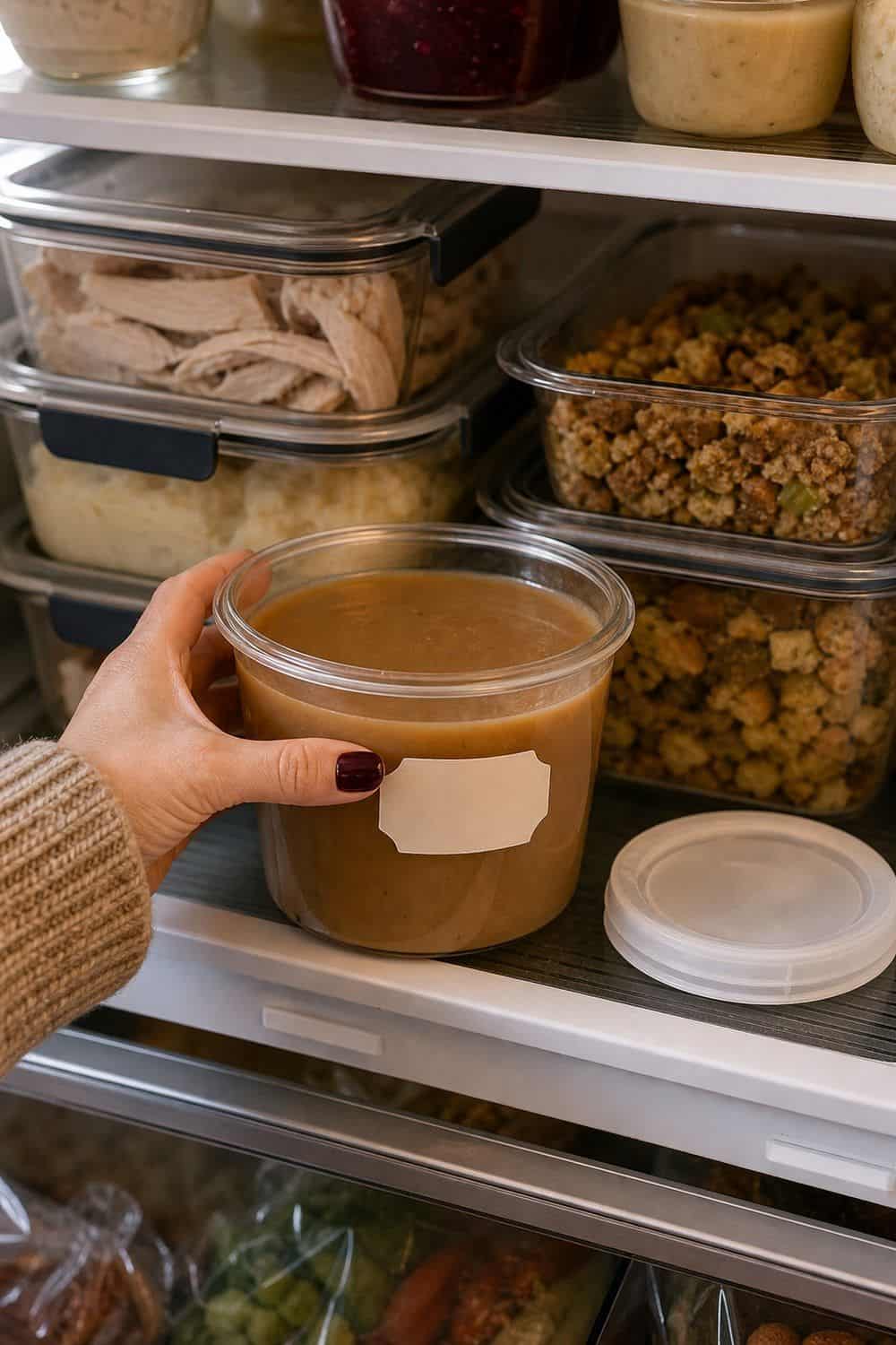 15 Thanksgiving Leftover Storage Ideas That Keep Food Fresh Gravy in an Eat-First Container for Thanksgiving leftover storage