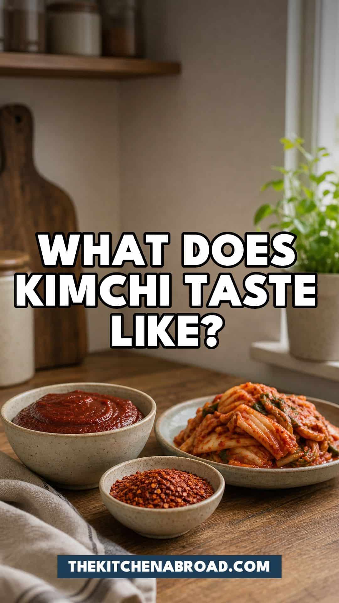 What Does Kimchi Taste Like? A First-Bite Guide by Age Plate of napa cabbage kimchi next to a bowl of red chili paste and a bowl of gochugaru chili flakes on a wooden kitchen counter