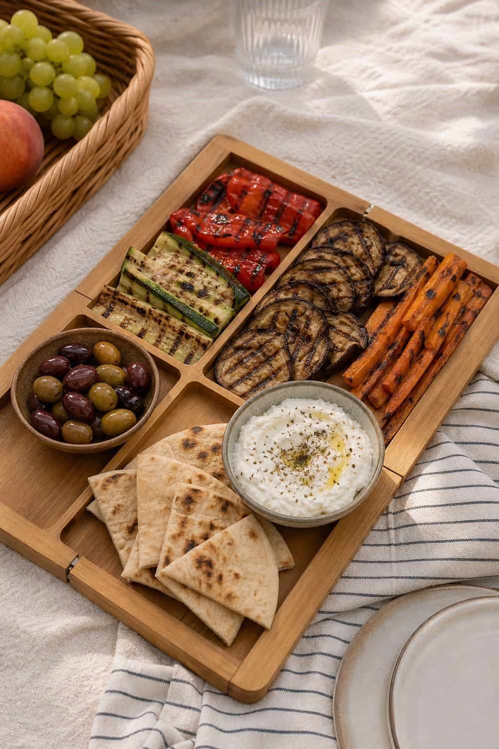 20 Aesthetic Picnic Food Ideas for Cozy Food Moments aesthetic picnic food ideas 09 grilled vegetable and labneh board