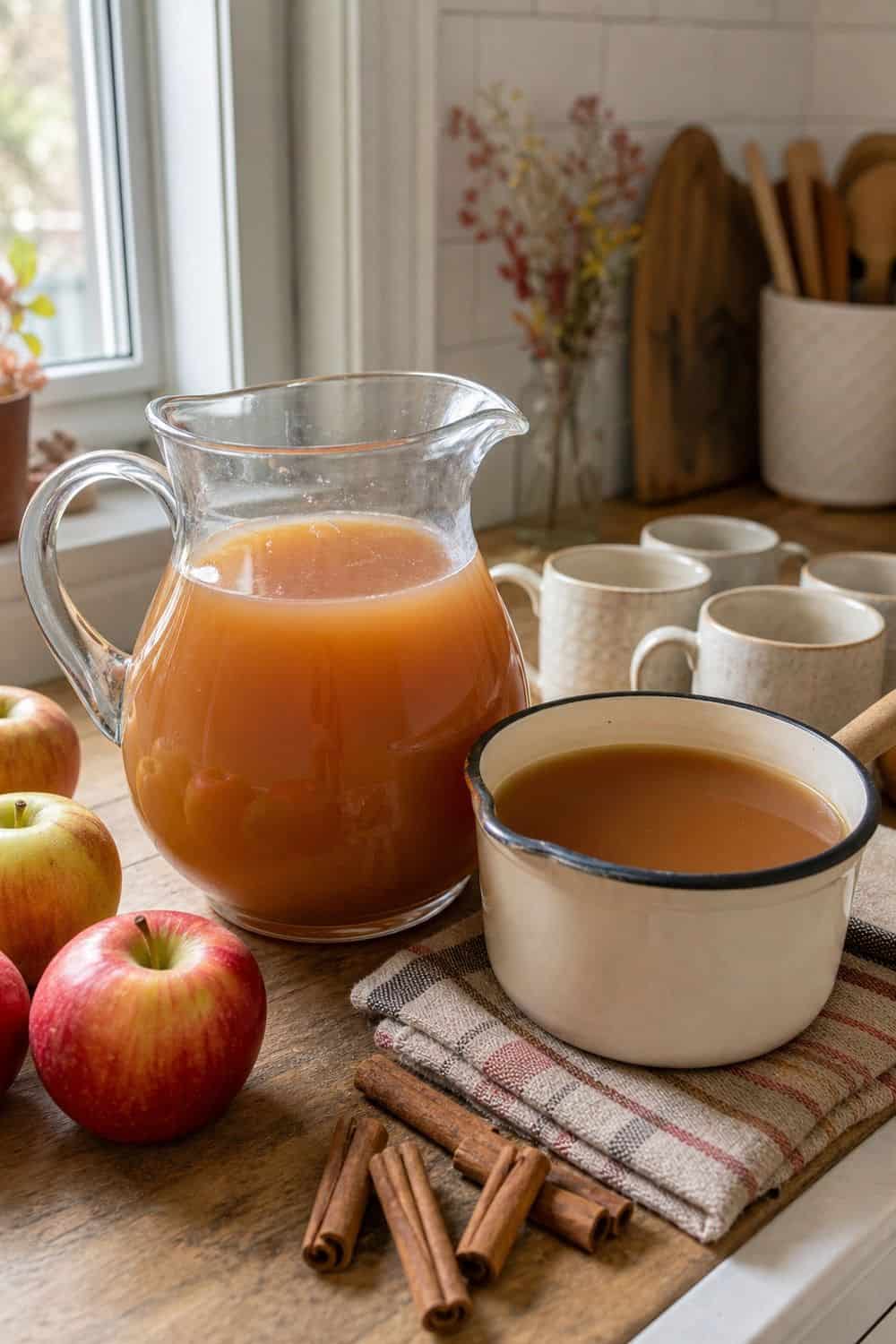 A warm apple cider base in a pitcher and pot for an easy hosting cider bar.