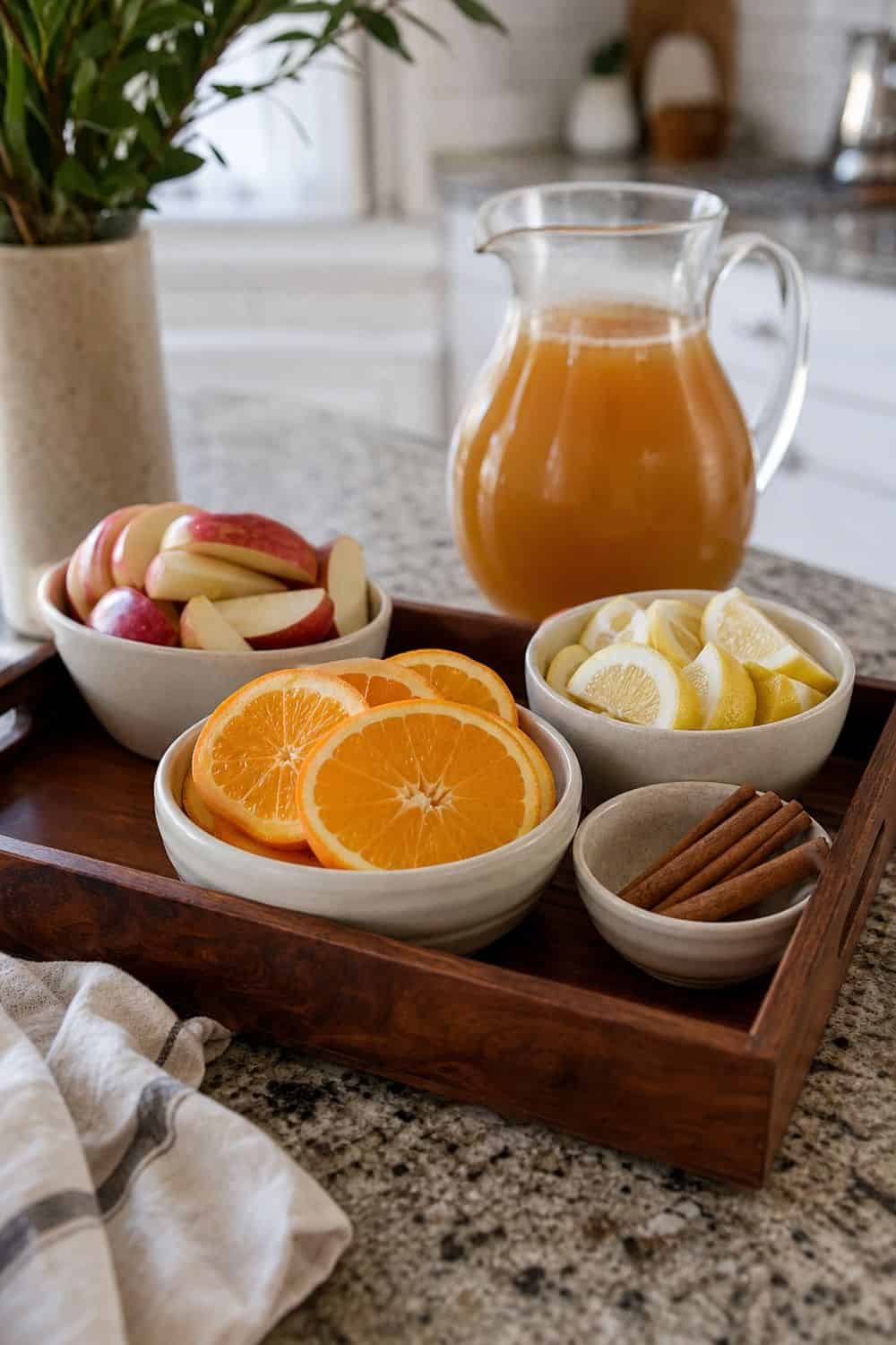 A tray of apple slices, citrus, and cinnamon sticks for an apple cider bar.