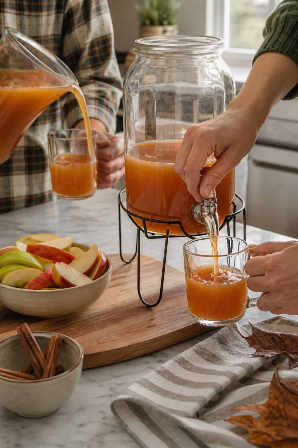 Guests pouring their own apple cider from a self-serve drink station.