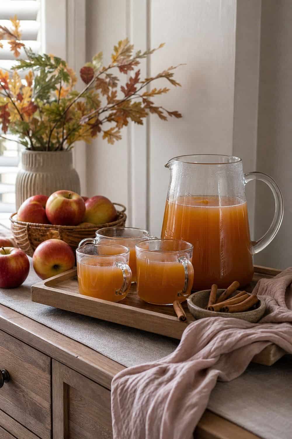 A cozy apple cider bar mood with mugs, apples, cinnamon, and fall decor.